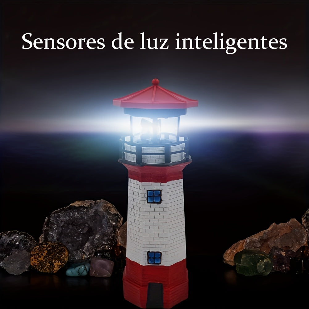 Farol Solar Giratorio para Exteriores, Luces de Jardín con Sensor Inteligente en Forma de Faro LED Rotativo, Decoración para Cercas y Patios con Haz Giratorio (Color: Rojo)