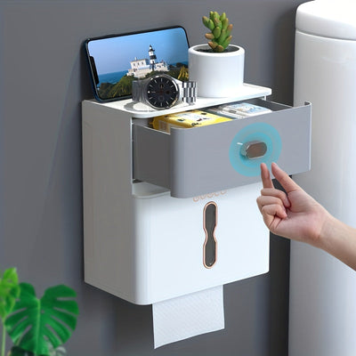1 Estante De Almacenamiento De Doble Capa Para Baño, Caja De Pañuelos De Papel En Rollo, Soporte De Pañuelos Sin Perforación De Gran Capacidad Montado En La Pared Del Inodoro