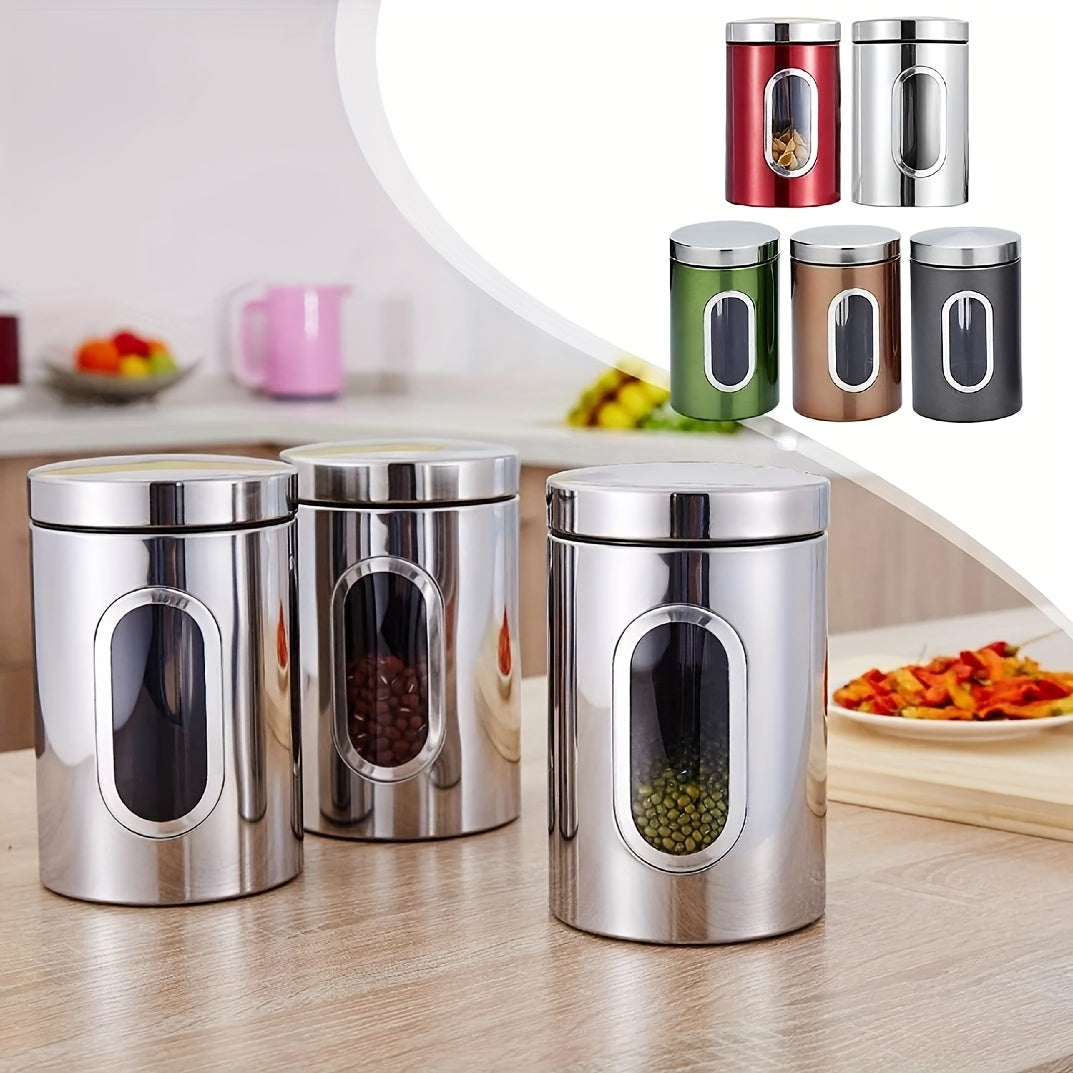 3 contenedores de acero inoxidable con ventana visible - Ideales para café, té, azúcar y granos - Reutilizables, organizador redondo de cocina con tapas abatibles, solución de almacenamiento para cocina|Vajilla moderna|Vajilla duradera