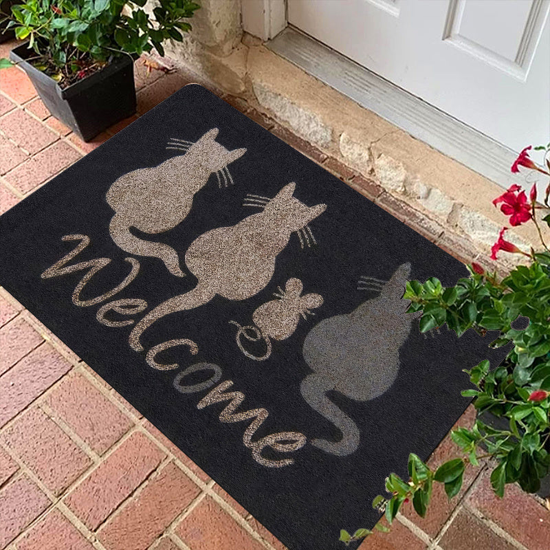 1 pieza de alfombrilla de bienvenida con tema de gatos, poliéster franela + base de esponja de 1 cm, diseño minimalista retro con múltiples siluetas de gatos, ligero, hecho a máquina, ideal para sala de estar, baño, lavandería, decoración de cocina - Per
