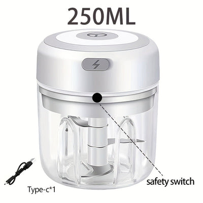 Picadora de ajo eléctrica compacta con una capacidad de 100/250 ml, molinillo de carne alimentado por USB y un diseño robusto para picar ajo, jengibre y verduras, ideal para uso en la cocina.