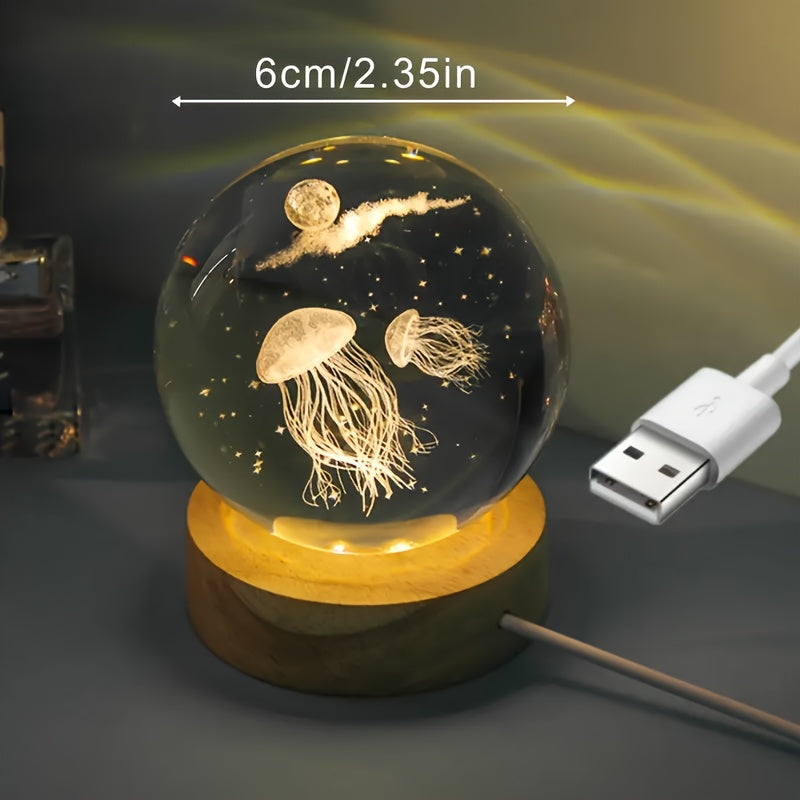 1 pieza de base de madera, luz colorida, 3D, bola de cristal tallada, medusa del océano, luz de noche, bola de cristal, adecuada para decoraciones de fiestas, regalo de cumpleaños.