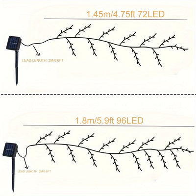 1 juego de luces solares de ramas de ratán, 72/96 LED cálidos, 8 modos, decoración interior y exterior para árbol de sauce, ideal para cenador, jardín, fiestas, cafetería y decoración de balcón