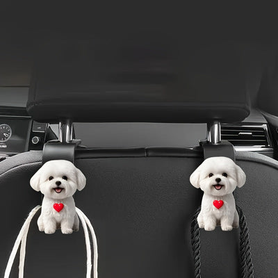 2 piezas - Ganchos de asiento de coche 2D de perro blanco lindo, ganchos de almacenamiento oculto integrados en el asiento trasero, accesorios de asiento de coche, cesta de flores, multifuncionales