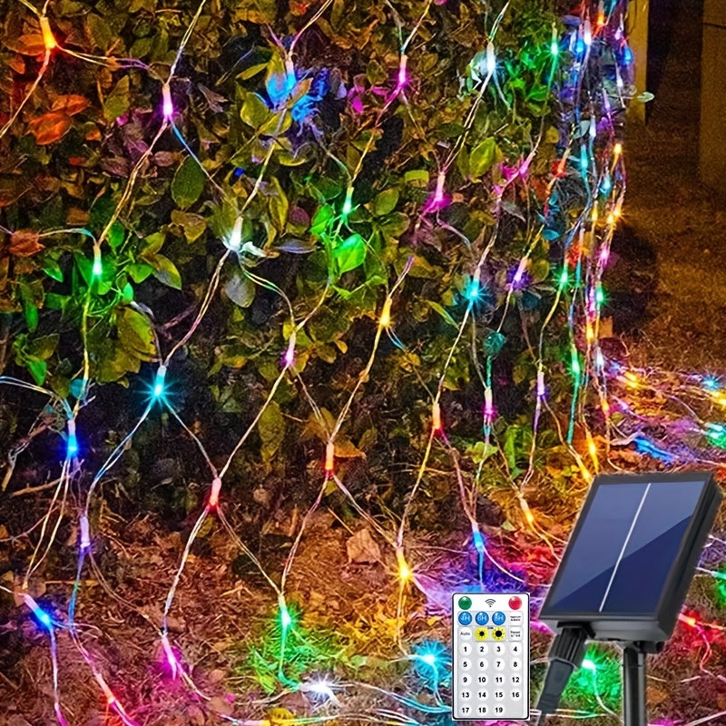 2 piezas de luces solares JXFYD con malla, 19 modos y control remoto, color amarillo cálido, luces de cadena para exteriores, decoración de jardín, Navidad, Halloween, bodas, Año Nuevo, plástico duradero, energía solar y batería recargable, luces solares