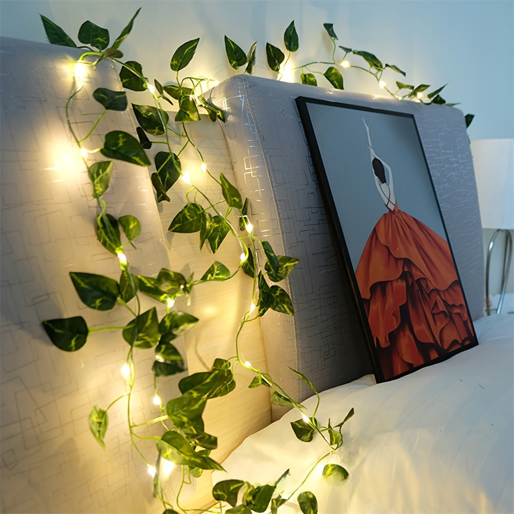 Luces de cuerda de vid artificial con hojas de ivy verdes - Luces de cadena al aire libre con batería, material PE, LED de un solo color, sin batería, componentes electrónicos incluidos, tensión de funcionamiento ≤36V, iluminación decorativa para hogar y