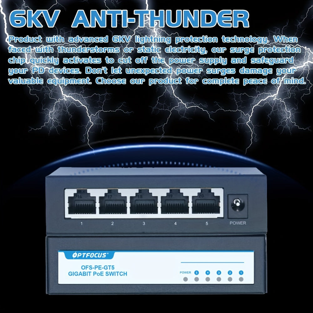 Interruptor POE Gigabit de 1000M 10G Boardband Velocidad rápida 5 Puertos Gigabit Ethernet Switch Hub para cámaras CCTV 10/100/1000M RJ45 IEEE802.3ATAF 30W POE Plus Interruptor de red POE