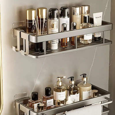 Estante de aluminio de gran capacidad con gancho, sin taladro, para montar en la pared, adecuado para baño y cocina, estante de almacenamiento fácil de instalar que ahorra espacio para artículos de tocador, cosméticos y artículos varios.