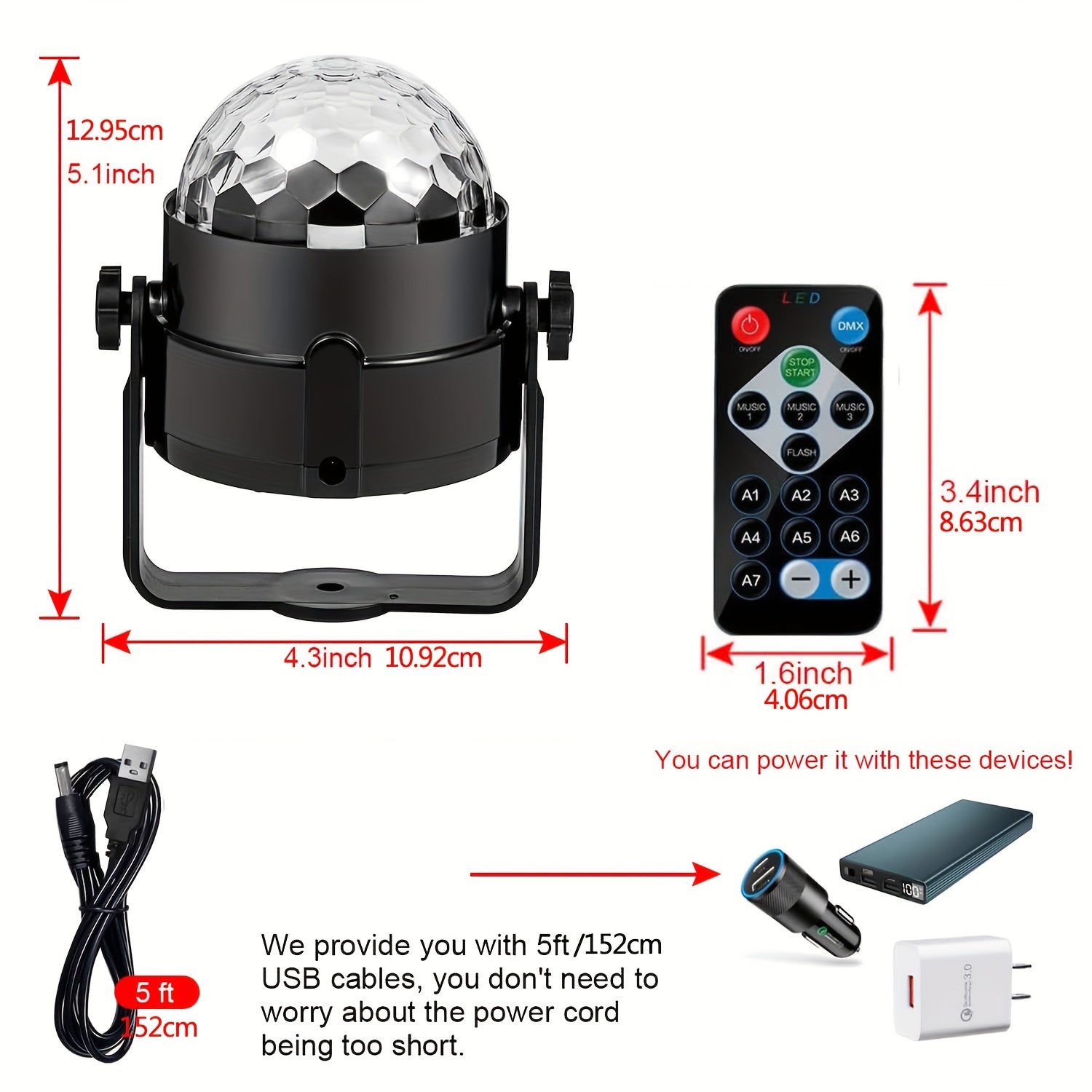 MSLITELY Disco Ball Light con 7 colores, cable de alimentación USB de 1,5 m - Lámpara de fiesta RGB LED con control remoto, sincronización de música, perfecta para DJs y actuaciones en el escenario, iluminación de escenario | Disco Ball Light | Lámpara a