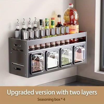 Organizador de especias de acero inoxidable con soporte colgante y frascos - Conjunto de almacenamiento de cocina multifuncional, diseño que ahorra espacio para especias, hierbas y condimentos, organizador y almacenamiento de cocina
