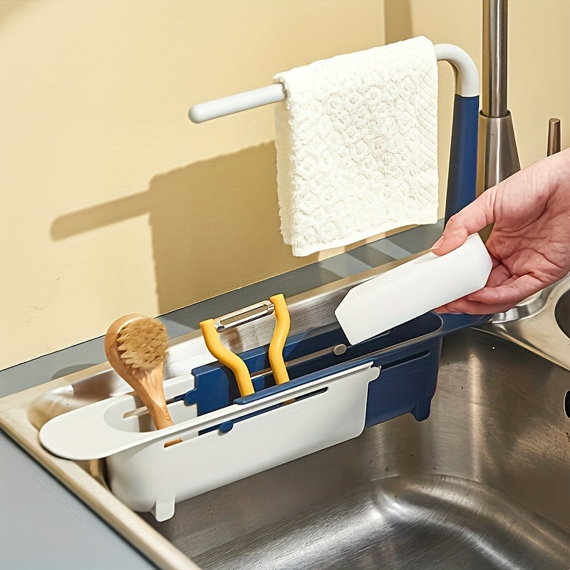Organizador Ajustable para Fregadero de Cocina con Cesta de Drenaje – Estante de Plástico Verde y Blanco para Esponjas, Jabón, Paños y Cepillos, Diseño Ahorra-Espacio con Porta-Toallas, Perfecto para una Organización Ordenada del Fregadero, Accesorios pa