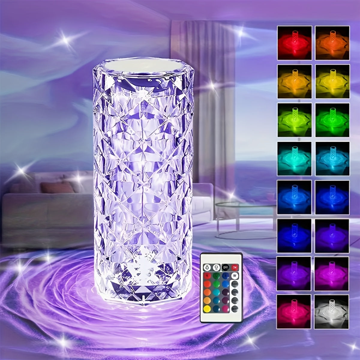 1 lámpara de mesa de cristal de rosa recargable por USB, batería de litio de 500 mAh, 3 colores y 16 colores + control remoto, con cable de carga USB, lámpara de atmósfera para el hogar, lámpara de atmósfera para dormitorio, luz nocturna para habitación,