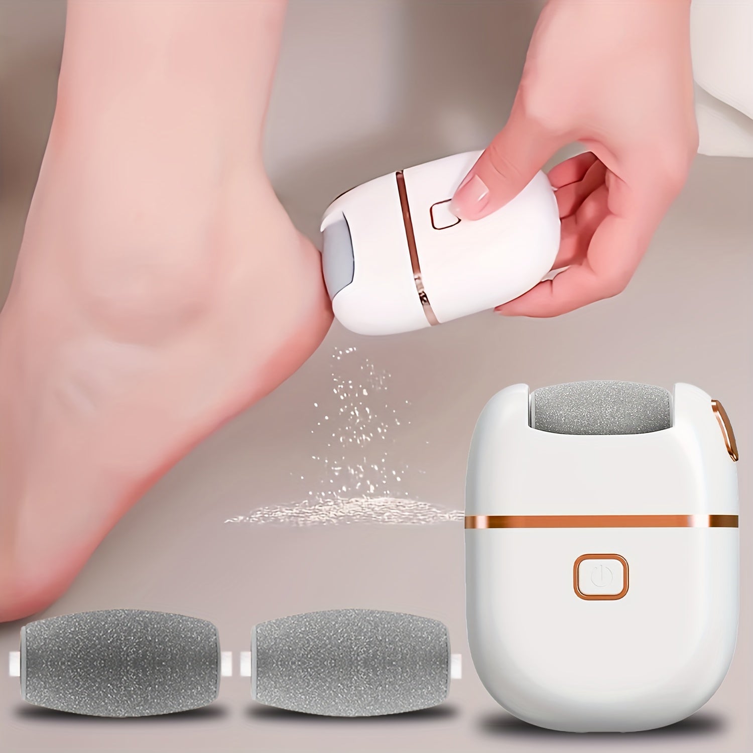 Lima eléctrica recargable para pies con 3 cabezales reemplazables, exfoliación suave, carga USB, portátil y fácil de usar, ideal para pies secos y agrietados, color beige claro, esencial para el cuidado de los pies, apta para adultos, herramienta portáti