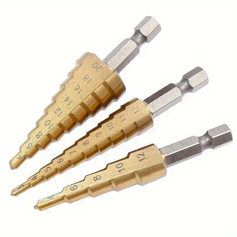 Juego de brocas escalonadas HSS con recubrimiento de titanio en varios tamaños, ideales para perforación precisa en madera y metal, eficientes y versátiles