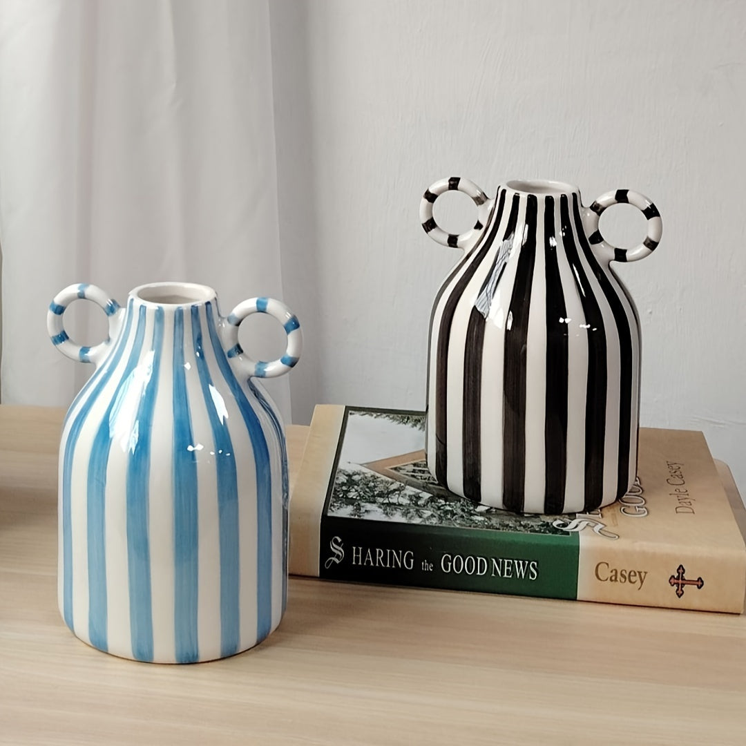 1pc Jarrón de cerámica con rayas, estilo creativo y sencillo, con dos asas, forma cilíndrica redonda, decoración para el hogar y la cocina, no requiere energía, no incluye batería