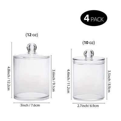 1 Paquete De 4 Piezas, Organizadores De Baño Y Contenedores De Almacenamiento, Frascos De Boticario De Plástico Transparente Con Tapas Para Bola De Algodón, Hisopo De Algodón, Almohadillas Redondas De Algodón, Hilo Dental, De 12 oz, 10 oz
