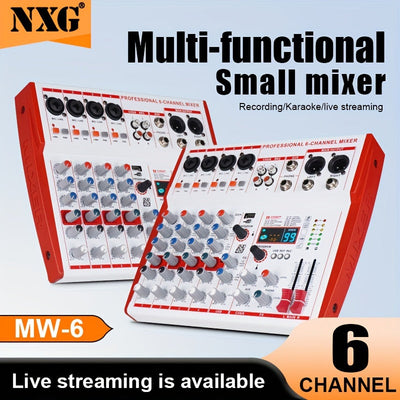 Mezclador de Audio Compacto Profesional NXG - Consola de Mezcla Pequeña Multifuncional con Reverb Digital, Ideal para Karaoke y Transmisión en Vivo, Disponible en Blanco/Rojo, Aleación, Fuente de Alimentación de 110V-130V, Enchufe de EE.UU., Mezclador de