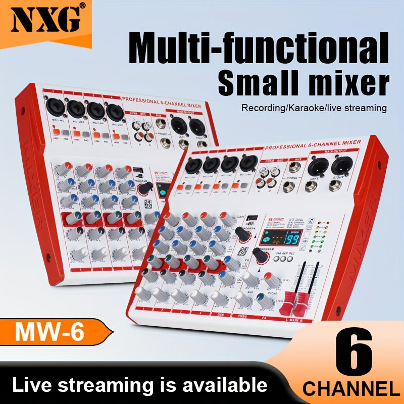 Mezclador de Audio Compacto Profesional NXG - Consola de Mezcla Pequeña Multifuncional con Reverb Digital, Ideal para Karaoke y Transmisión en Vivo, Disponible en Blanco/Rojo, Aleación, Fuente de Alimentación de 110V-130V, Enchufe de EE.UU., Mezclador de
