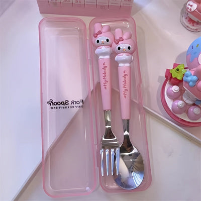 Juego de cubiertos de viaje Sanrio, 2 piezas de acero inoxidable, tenedor y cuchara portátiles