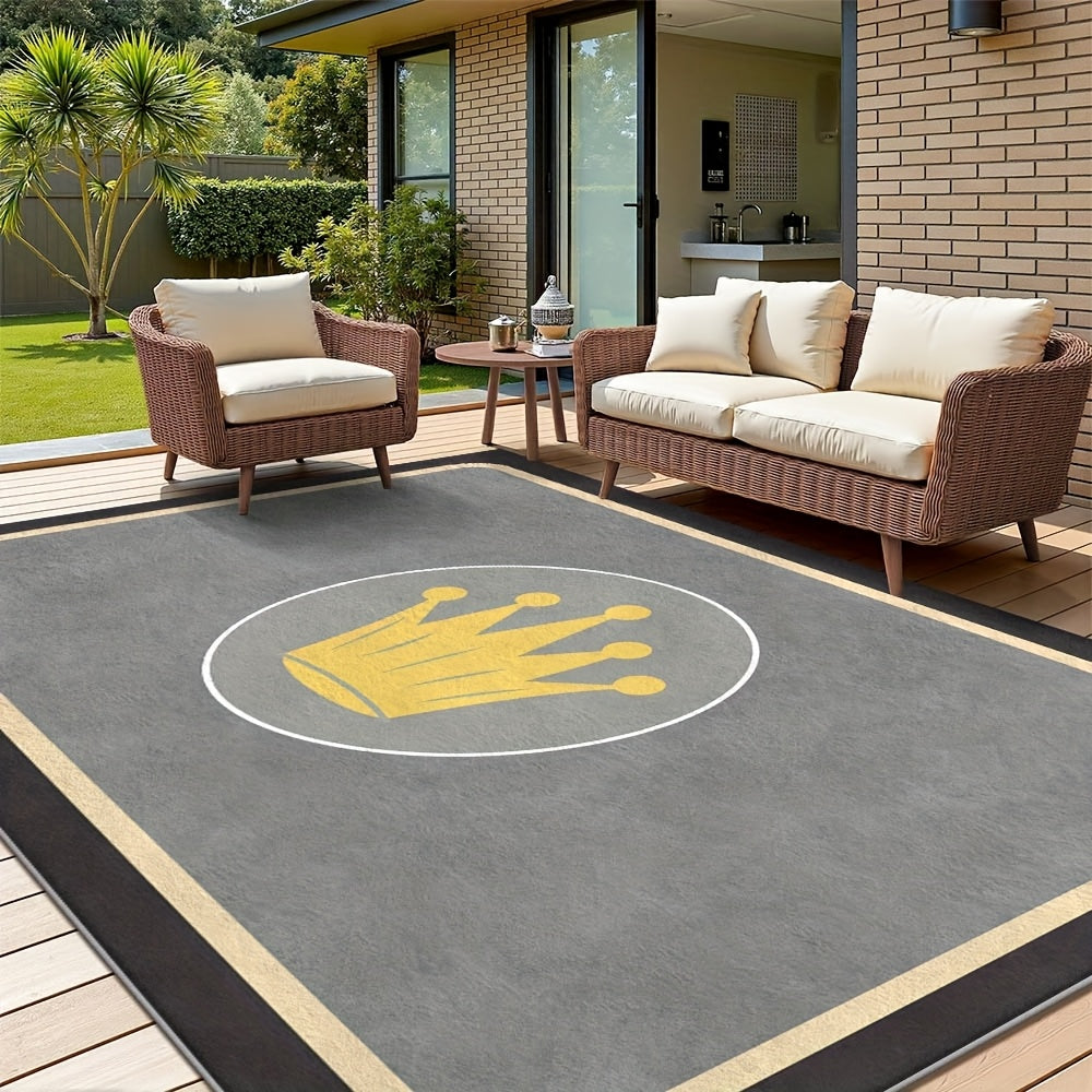 Gran alfombra de terciopelo lavable con diseño de corona dorada - Jardín bohemio retro, porche y techo, alfombra para uso interior/exterior, suave, antideslizante, duradera, poliéster, varios tamaños disponibles, alfombra de jardín de azotea | Elegante e