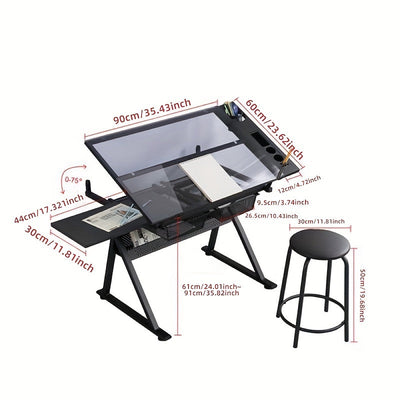 Mesa de dibujo de vidrio negro con cajón lateral y banqueta acolchada en cuero sintético - Sin necesidad de energía eléctrica, diseño sin madera para oficina en casa