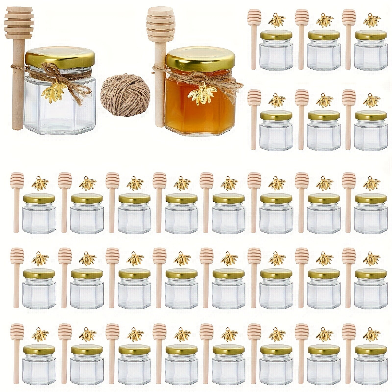 Elegante tarro de vidrio hexagonal mini con tapa dorada y cubo de madera, perfecto para conservación natural y fiestas - empaquetado múltiple para bodas y regalos de novia, tarro de miel de vidrio transparente familiar con tapa, tarro de vidrio transpare
