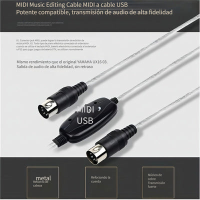 Cable MIDI USB2.0, cable para edición MIDI, cable para piano electrónico