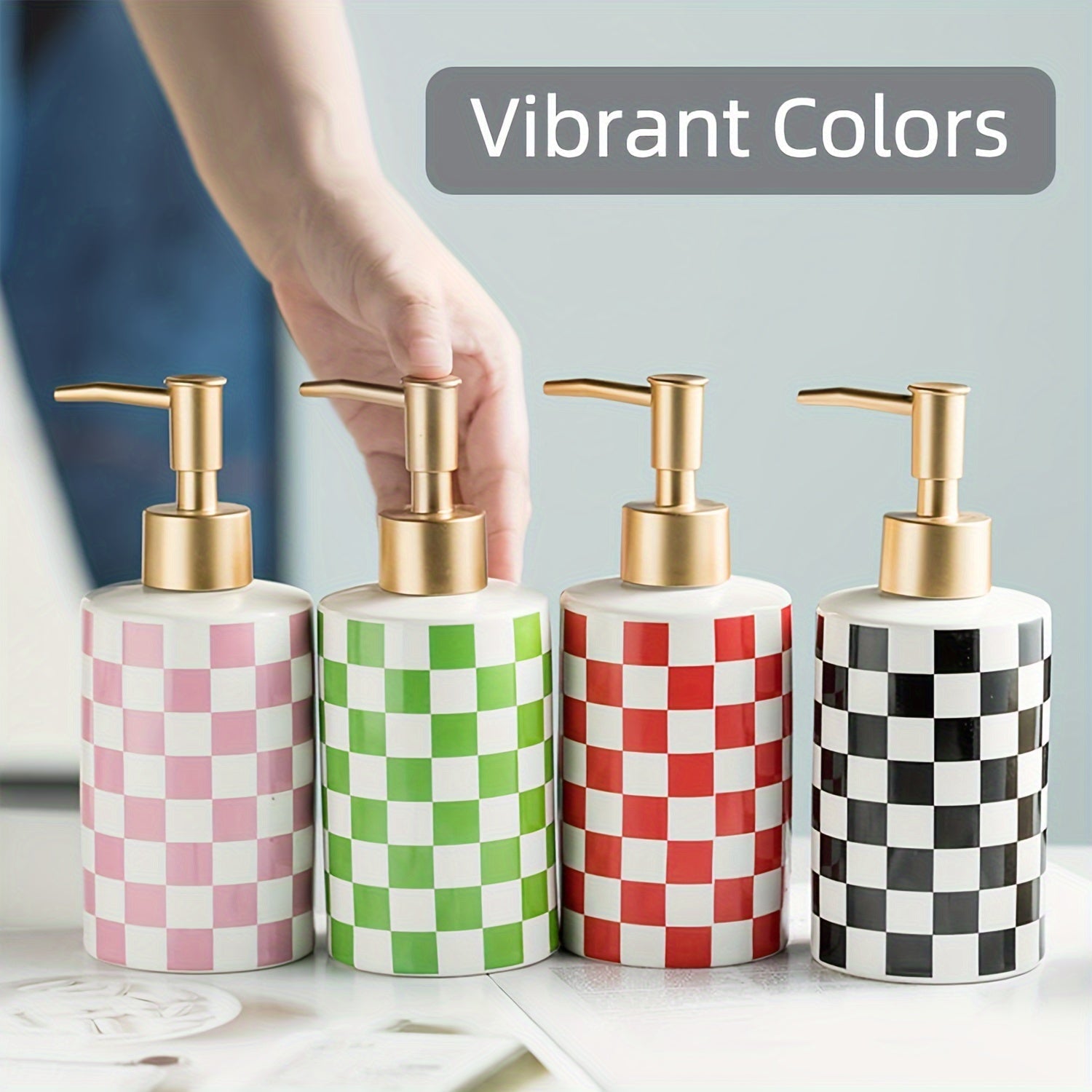 Dispensador de Jabón de Cerámica a Cuadros con Bomba Dorada Mate Antioxidante, Dispensador Decorativo para Baño o Cocina