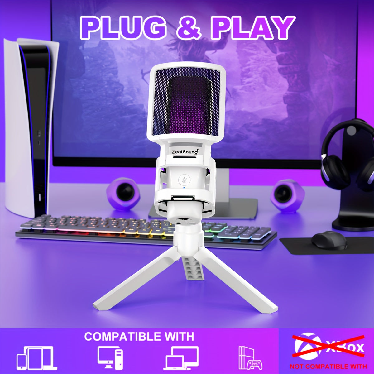 Microfono de Condensador ZealSound USB con Iluminación RGB, Plug and Play para PC, PS4&5, Mac, Teléfono, Perfecto para Discord y Grabaciones en Zoom, Incluye Adaptador Tipo-C, Botón Mute, Soporte Trípode, Filtro Pop & Montura Antivibración