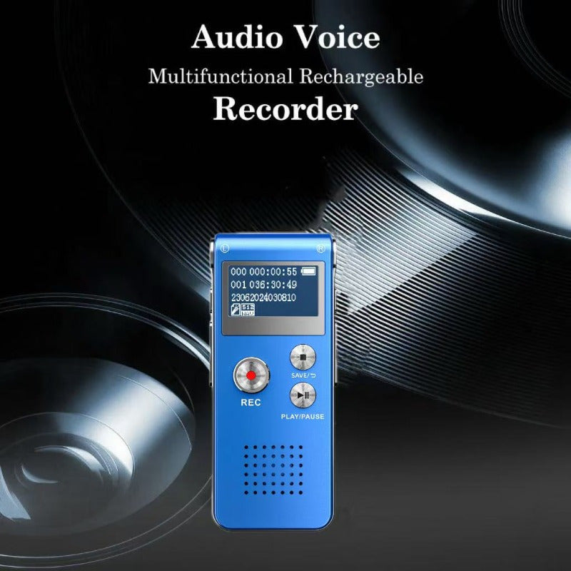 Grabadora de voz digital de 8 GB con reproductor de MP3 - Batería recargable de polímero de litio, 6 modos de grabación, activación de voz (VAR), capacidad de grabación de audio de hasta 650 horas, azul y negro, grabadora de audio portátil, dispositivo d