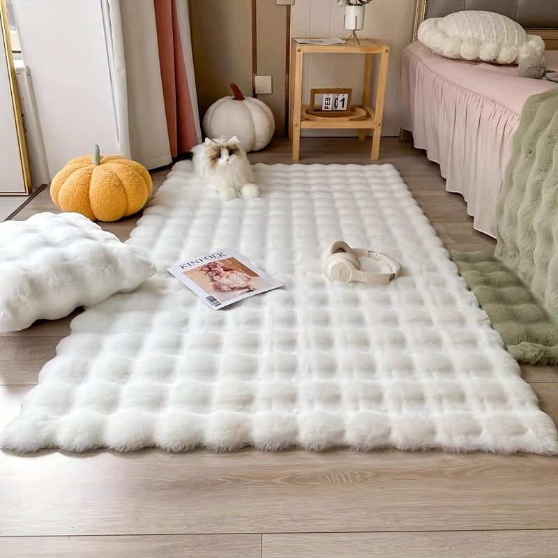 1pc Alfombra Rectangular de Piel Sintética de Conejo Suave - Ligera, Fácil de Cuidar, Alfombra Decorativa de Color Crema para Dormitorio, Sala de Estar o Pasillo, Solo Lavado a Mano, Material de Poliéster, Decoración Hogareña Acogedora y Elegante, Alfomb