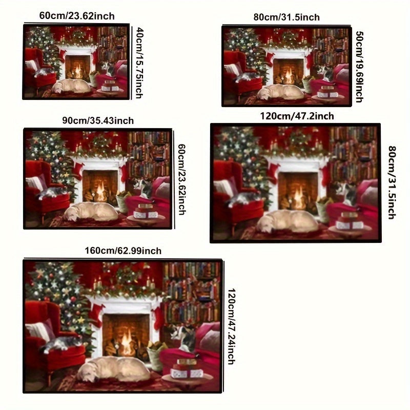 Alfombra de tema navideño lavable con impresión de perro lindo, alfombrilla de fibra de poliéster antideslizante para interior, tapete plano tejido a máquina para sala de estar cocina entrada, decoración navideña para el hogar