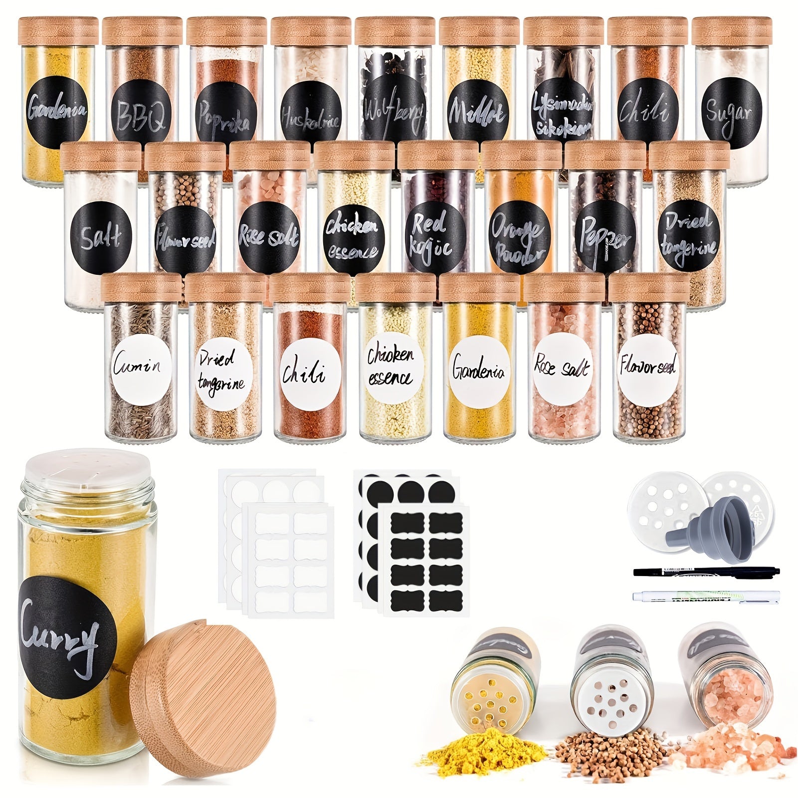 6/12/24/30 Tarros de Especias Etiquetados, Tarros! de Especias de Vidrio Redondos de 100ml, con Tapa de Bambú Sellada y Tapa Agitadora, Contenedores de Especias para Cocinar, para Estante de Especias, Cajón de Armario, Set de Botellas de Condimentos