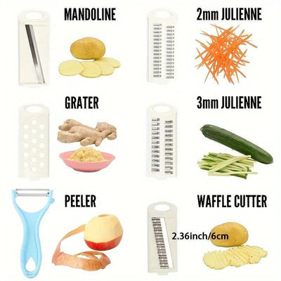 Set de cortador y rallador de verduras multifuncional con cuchillas intercambiables, herramienta de cocina mandolina de mano para cortar en juliana y en gofre papas, zanahorias, pepinos, incluye pelador - Gadgets manuales para preparación de alimentos