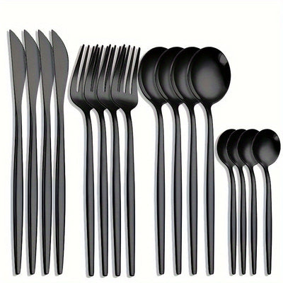Juego de Cubiertos Elegantes de Acero Inoxidable Negro de 16 Piezas - Incluye Cuchillos para Bistec, Tenedores de Cena, Cucharas para Sopa y Postre - Diseño Elegante para Uso Doméstico y en Restaurantes