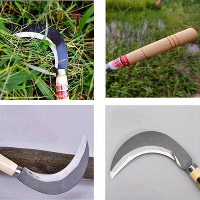 1pc Hoz cómoda de mango de madera, dientes finos afilados, hoja de metal, acero de aleación duradero - Adecuado para el cuidado del césped, al aire libre, corte y corte de cuerda, esencial para jardinería