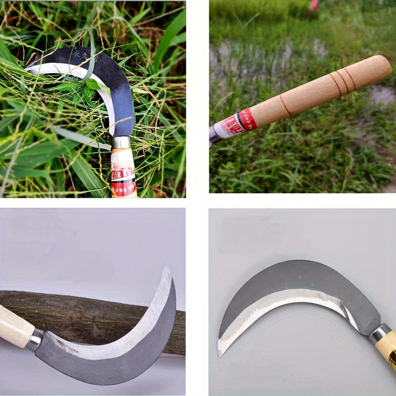 1pc Hoz cómoda de mango de madera, dientes finos afilados, hoja de metal, acero de aleación duradero - Adecuado para el cuidado del césped, al aire libre, corte y corte de cuerda, esencial para jardinería