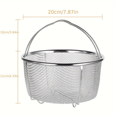 1pc Accesorio Multifuncional de Acero Inoxidable de 8 Pulgadas para Freidora - Cesta de Vapor Portátil con Soporte para Pies, Rejilla de Drenaje y Diseño Anti-Escaldaduras para Cocinar a Vapor y Freír de Forma Segura en Cocinas Domésticas y Profesionales