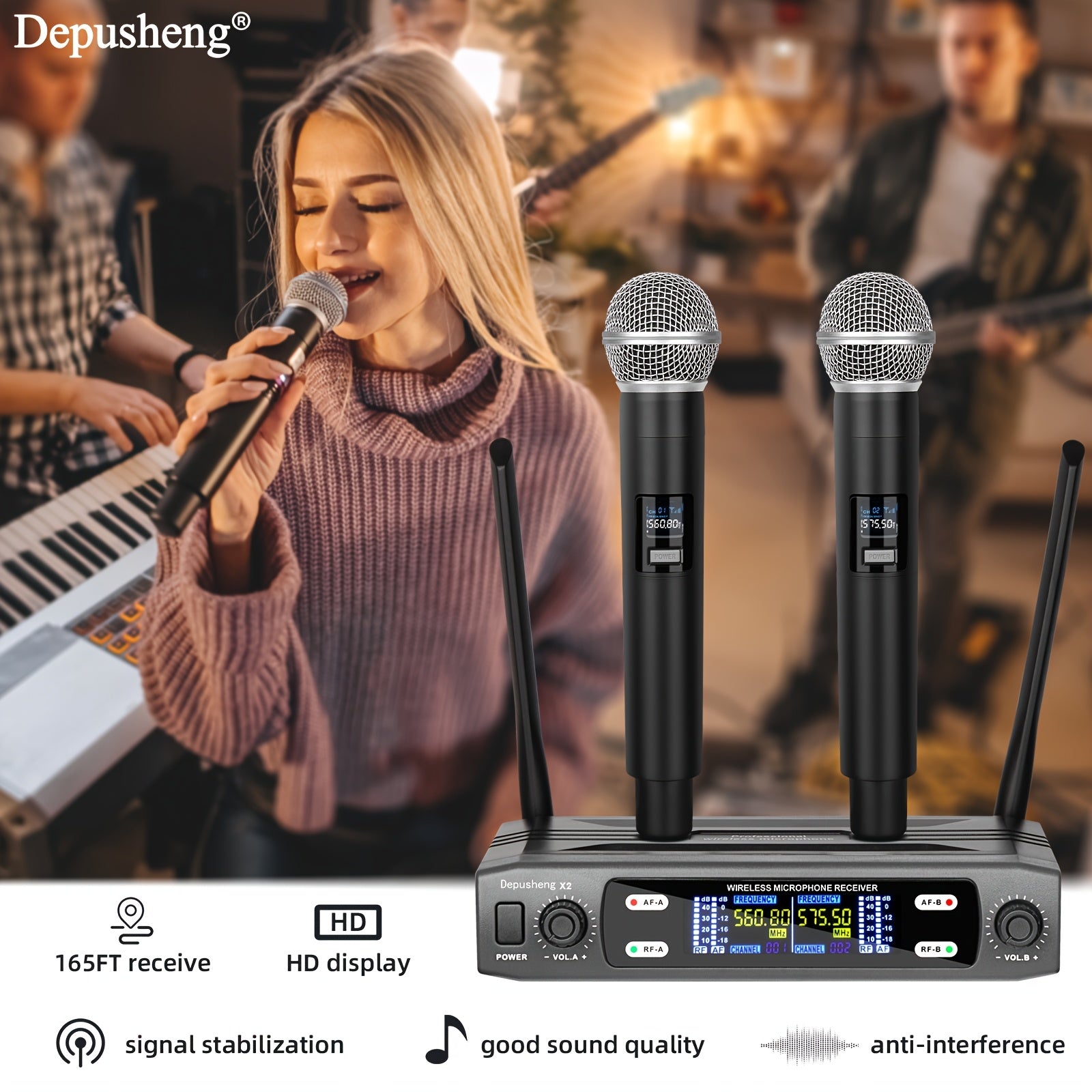 DEPUSHENG micrófono sin varillas profesional de dos canales portátil y manual, receptor sin varillas para KTV, familia, reuniones, canciones en vivo y actuaciones