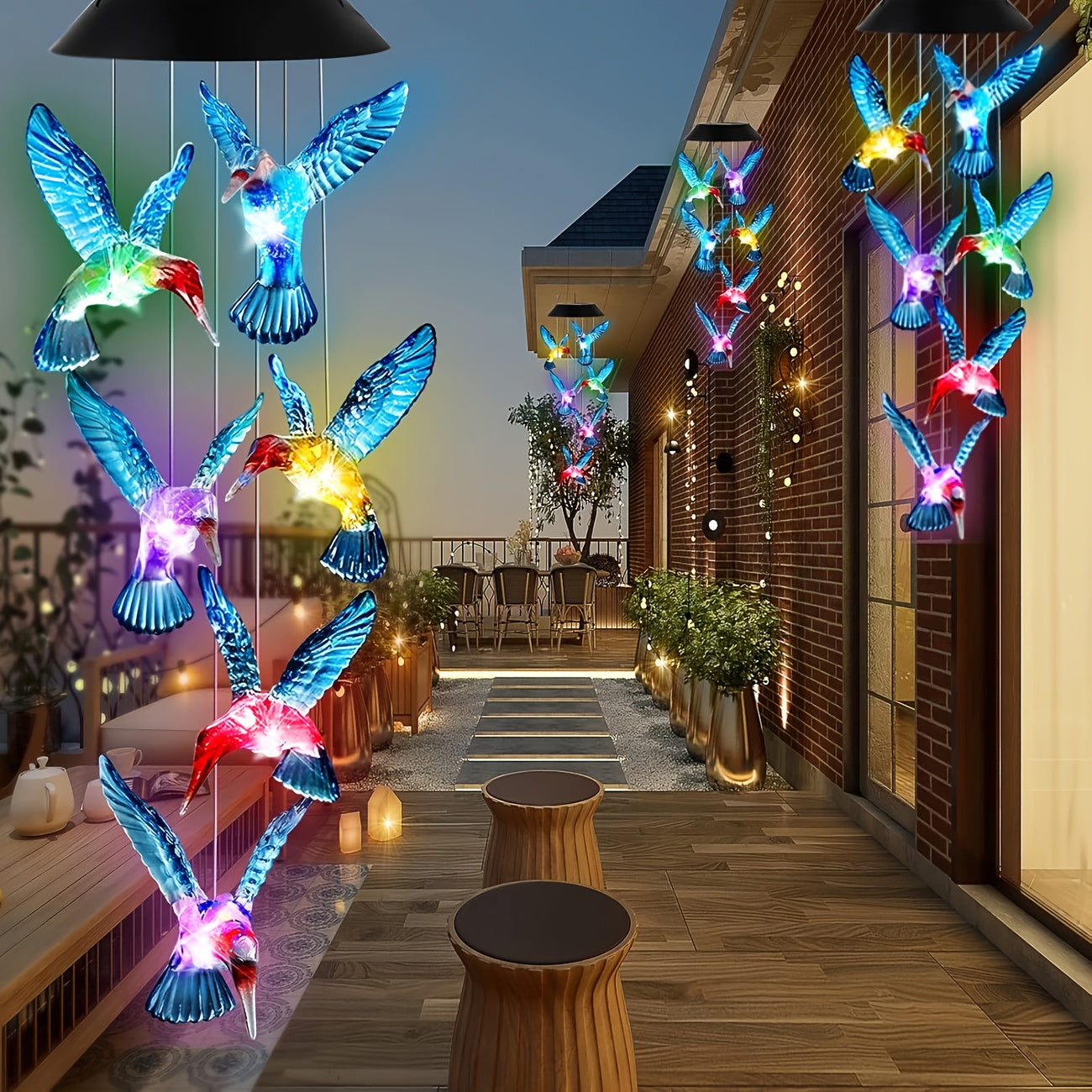 Campanitas de viento con luces LED solares en forma de colibrí, decoración colorida y vibrante para jardines y patios, luces solares para exteriores, comedero para colibríes
