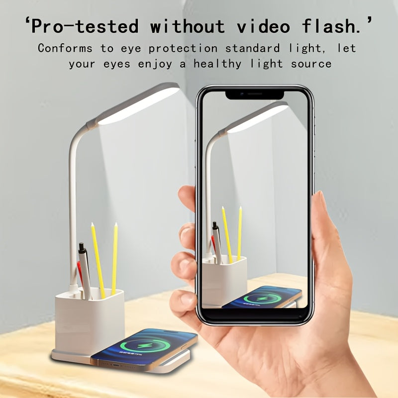 1 pieza de luz nocturna alimentada por USB con soporte para bolígrafo, lámpara de escritorio de carga inalámbrica minimalista moderna, plegable y ajustable en un ángulo de 360°, luz de tres colores con función de apagado táctil, adecuada para decorar el