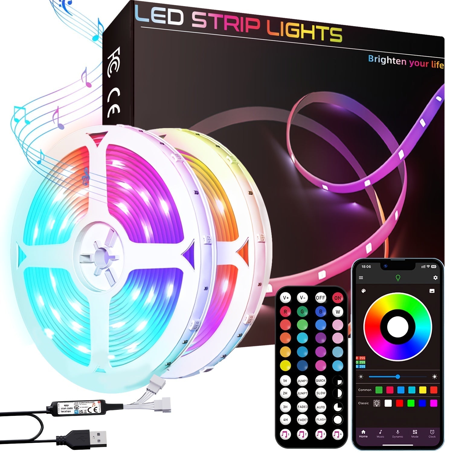Tira de luces LED inteligente RGB NBBUFF de 91.44 a 3048.0 cm - Sincronización con música, control por app y remoto, cambio de color, regulable, función de temporizador, ideal para iluminación de escenarios, decoración interior y celebraciones, iluminaci