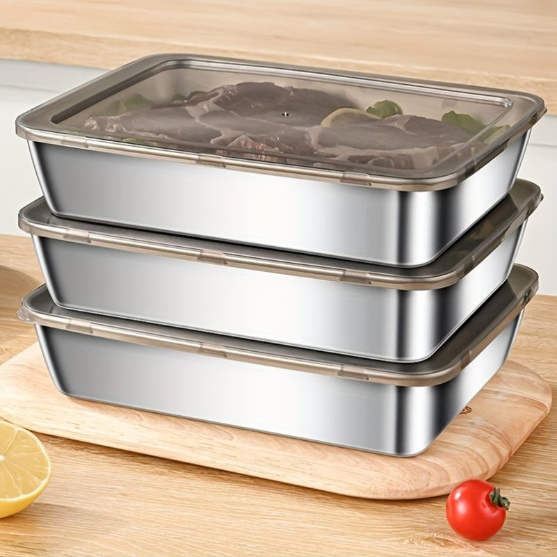 Conjunto de almacenamiento de alimentos de acero inoxidable con 5 piezas - Contenedores cuadrados grandes, reutilizables y versátiles para carne, frutas y verduras - Ideal para acampar, al aire libre y uso doméstico, organizador de cocina apilable
