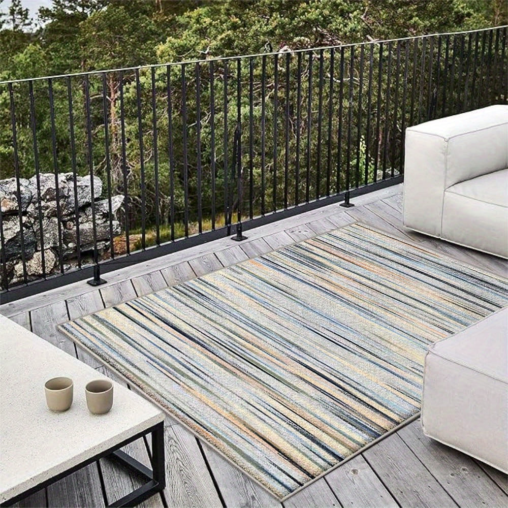 Siete Ciervos Alfombra de Exterior de Veludo Ultra-Suave - Antideslizante, Lavable en Máquina, Patrón Geométrico en Azul, Beige y Rayas Marrones - Ideal para Acampar, Patio o Uso Interior/Exterior, Alfombra Interior/Exterior | Alfombra con Patrón Geométr