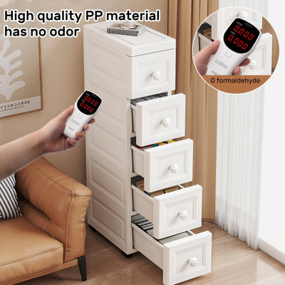 Armario de Almacenamiento Plástico de 5 Niveles y 5 Cajones con Ruedas, Ancho 15/25 cm, Diseño Ahorra Espacio para Oficina o Sala de Estar, Caja Impermeable sobre Rodillos, Fácil Uso, Armarios Portátiles