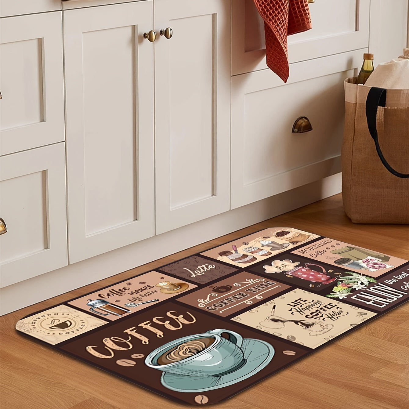 Alfombra de cocina con temática de café vintage – Cómoda alfombra de poliéster con diseños de taza y granos de café, ideal para entrada, dormitorio, sala y lavandería
