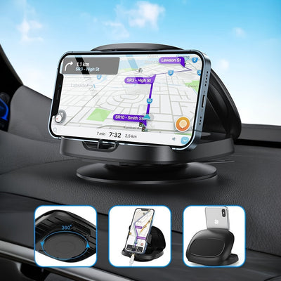 Soporte de coche con ventosa giratoria de 360° para teléfonos, Soporte de navegación para tablero con mecanismo de bloqueo