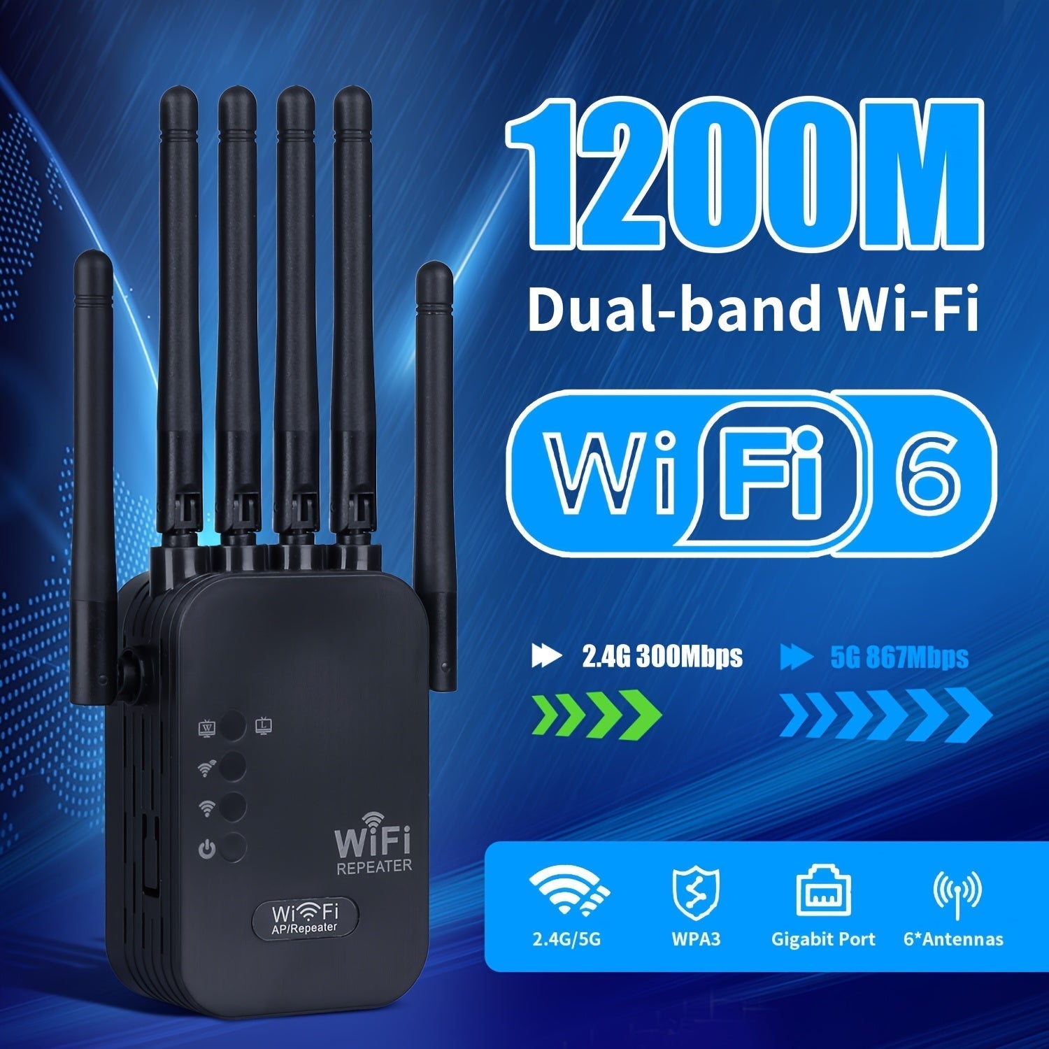 Repetidor de señal Wi-Fi, amplificador de red para el hogar, compatible con sistema WIFI6, doble banda de alta velocidad, 2.4GHz y 5GHz, fácil instalación, diseño de 6 antenas para cobertura estable en toda la casa, ideal para oficinas y bibliotecas