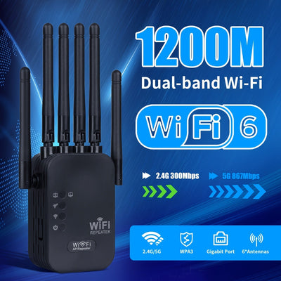 Repetidor de señal Wi-Fi, amplificador de red para el hogar, compatible con sistema WIFI6, doble banda de alta velocidad, 2.4GHz y 5GHz, fácil instalación, diseño de 6 antenas para cobertura estable en toda la casa, ideal para oficinas y bibliotecas
