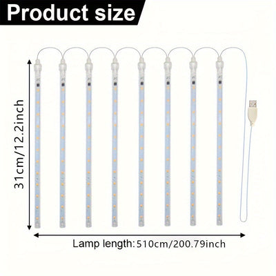 Cadena de Luces de Lluvia de Meteoros con Alimentación USB AMill - 8 Tubos, Plástico, 36V y Menos, Incluye Bombillas, Perfecta para Navidad, Halloween, Bodas, Cumpleaños, Decoraciones Festivas al Aire Libre, Ideal para Patios, Jardines, Calles, No Requie